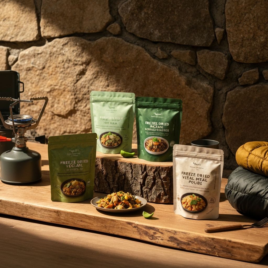 Evergreen Supply Co. freeze-dried vegan meals displayed on rustic wood surface
